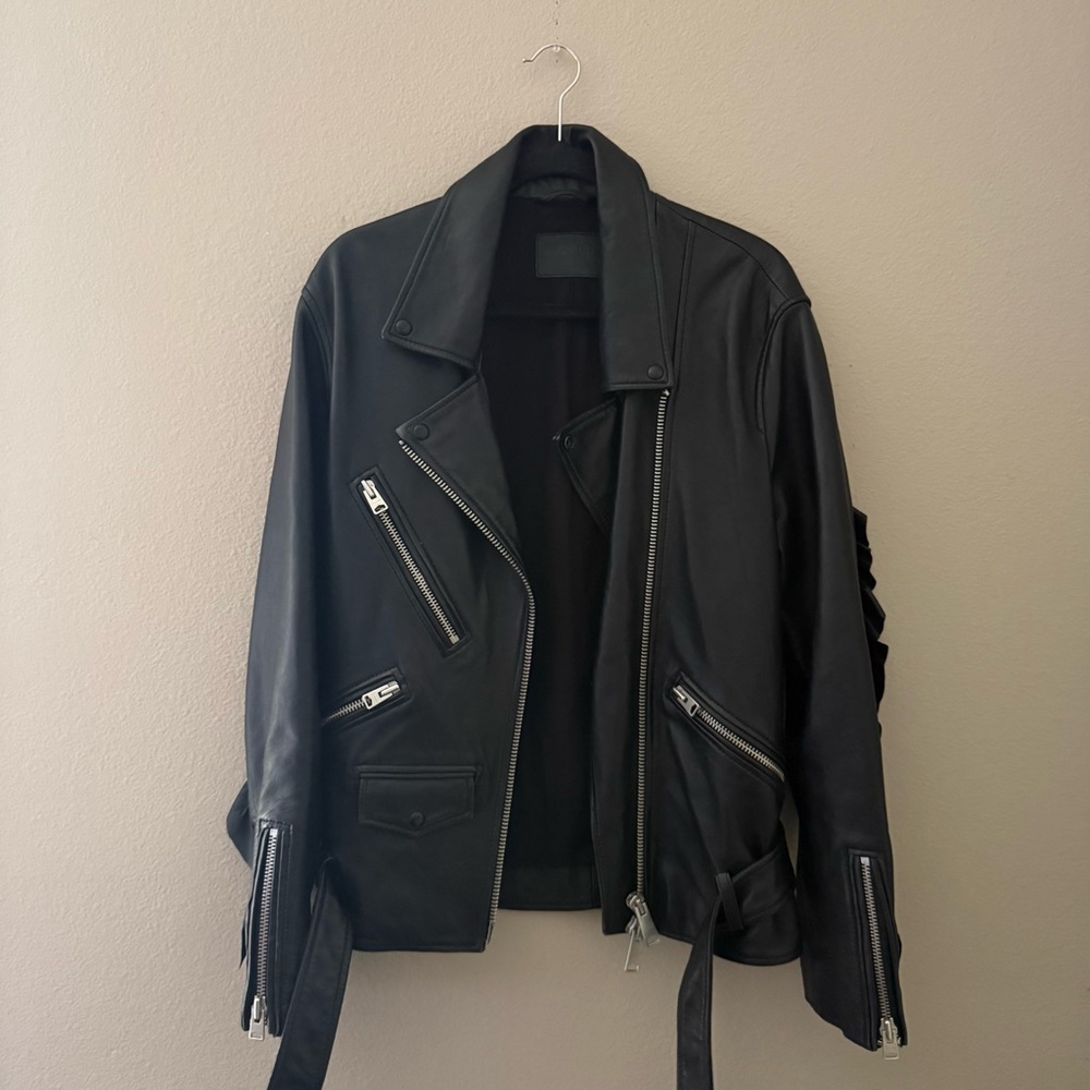 ALLSAINTS Black Leather Moto Jacket Ruffle Sleeve Detail Biker Belted Medium - Picture 2 of 7